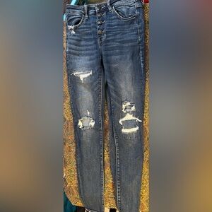 American Eagle Button Fly Distressed Blue Skinny hi-rise Jeggings Size 6